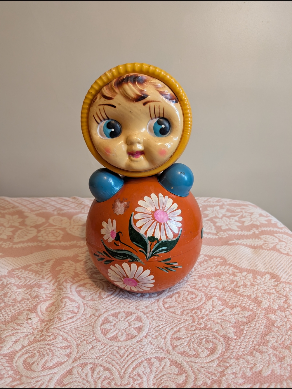 Vintage Orange Floral Roly-Poly Doll Accent